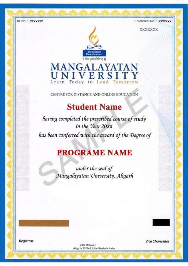Sample Mangalayatan University degree certificate issued by the Centre for Distance and Online Education